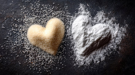 An artistic representation of love through heart shapes created with sugar and powdered sugar on a dark stone surface, symbolizing sweetness and culinary creativity.の素材