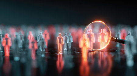 An abstract representation featuring a crowd of human figures, with a magnifying glass illuminating one unique figure, symbolizing individuality and analysis.の素材