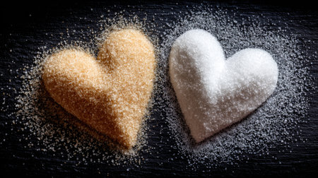 This captivating image showcases two heart-shaped piles of brown and white sugar, creating a delightful interplay of textures and colors against a dark backdrop.の素材