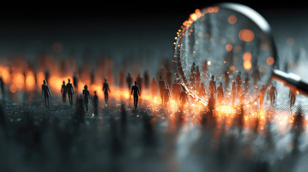 This abstract image features digital silhouettes of humans illuminated by glowing effects, with a magnifying glass emphasizing exploration and analysis.の素材