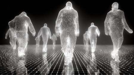 This image depicts abstract digital human figures walking in a mesmerizing futuristic environment, featuring a glowing grid and ethereal aesthetics.の素材