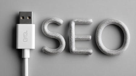This image features a USB cable alongside textured letters spelling SEO, symbolizing the connection between technology and digital marketing strategies on a neutral backdrop.の素材