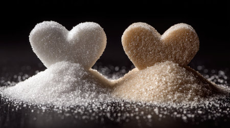 Two heart-shaped piles of sugar, one white and one brown, sit elegantly against a dark background, representing love and sweetness in culinary art.の素材