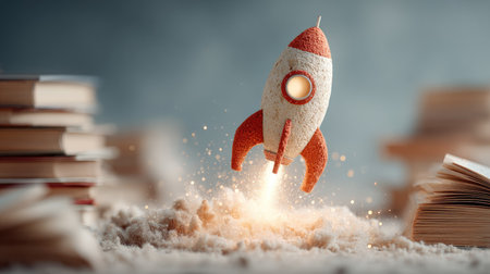 A whimsical scene featuring a colorful toy rocket launching amidst open books, creating a magical atmosphere with dust and sparkles. Ideal for themes of creativity and exploration.の素材