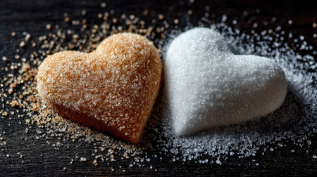 Two heart-shaped cookies, one brown and one white, sprinkled with sugar, arranged on a rustic dark surface, perfect for romantic occasions.の素材