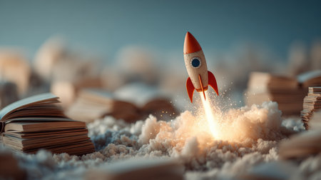 A whimsical scene of a rocket taking off amidst a cloud of books, capturing the essence of knowledge and creativity. Perfect for themes of inspiration and exploration.の素材