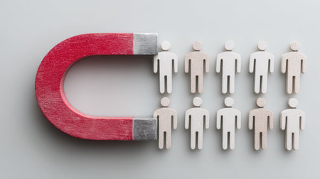This image showcases a vibrant red magnet attracting wooden people figures, symbolizing effective business recruitment and networking strategies for team growth.の素材