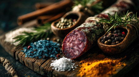 This captivating image showcases an assortment of vibrant spices, herbs, and cured meat artfully arranged on a textured wooden surface, creating a rich culinary scene.の素材