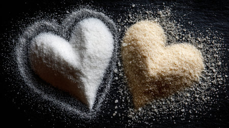 This artistic image features heart-shaped piles of white sugar and brown sugar, symbolizing sweetness and love. Ideal for culinary projects, this visual contrasts textures and colors beautifully.の素材