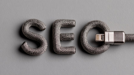 An artistic representation of the SEO concept using letters shaped from a charging cable, symbolizing the importance of digital marketing in modern technology.の素材