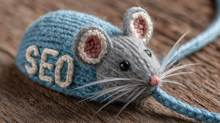 This cute knitted mouse toy features charming SEO lettering and adds a playful element to any setting, perfect for creative and digital themes.の素材