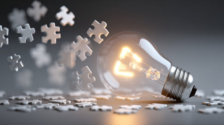 This image features a glowing light bulb surrounded by scattered puzzle pieces, symbolizing creativity and innovative thinking. The soft-focus background emphasizes the concept of problem-solving and inspiration.の素材