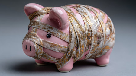 A creative representation of a piggy bank wrapped in decorative ribbon, symbolizing financial savings and money management. Ideal for concepts related to budgeting and financial education.の素材
