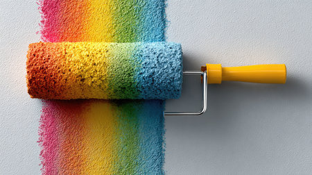 A vibrant paint roller with a rainbow pattern creates colorful stripes on a freshly finished wall, bringing energy and creativity to any home space.の素材