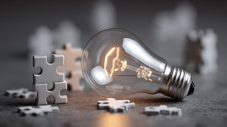 A vintage light bulb shines brightly amidst white puzzle pieces on a gray surface, symbolizing creativity, ideas, and problem-solving in a minimalist setting.の素材