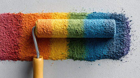 A vibrant paint roller rests on a textured wall, surrounded by an array of powdered paints in stunning colors, showcasing the artistry of home decoration.の素材