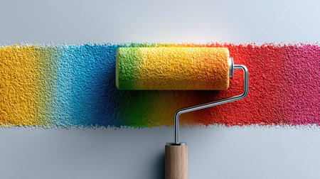 A paint roller adds a bright gradient of colors to a smooth wall, showcasing a creative home improvement project. Ideal for artistic and DIY themes.の素材