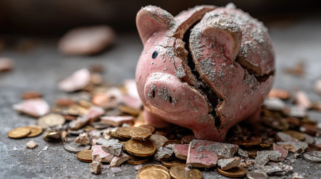 A broken piggy bank rests amidst a scattering of coins and debris, symbolizing financial struggles and the challenges of savings. The piggy bank, once a childの素材