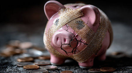 A broken piggy bank wrapped with a bandage sits next to scattered coins on a dark surface, representing financial difficulties and savings issues.の素材