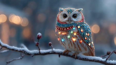 A colorful owl adorned with bright lights sits elegantly on a snowy branch, creating a magical winter scene with a bokeh background, embodying festive charm.の素材
