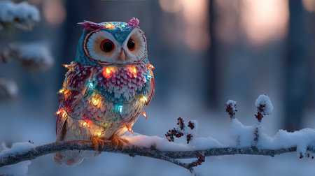 A charming owl adorned with colorful lights sits elegantly on a snowy branch, creating a whimsical sight during a calm winter evening.の素材