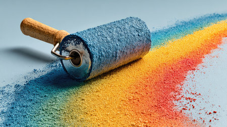 A paint roller covered in vibrant pigments creates colorful patterns on a light surface, perfect for art projects or home improvement. The image evokes creativity and inspiration.の素材