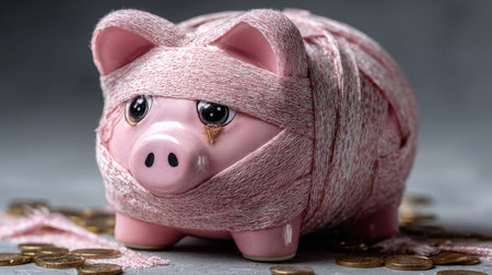 A charming piggy bank enveloped in soft pink ribbon reflects a sense of loss and care. Surrounded by scattered coins, it evokes emotions about savings.の素材