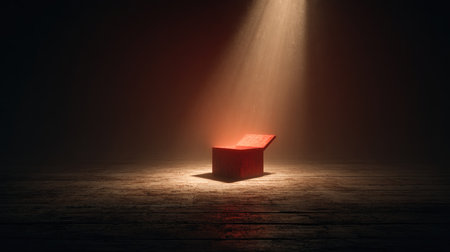 A striking red box sits alone in a dimly lit room, illuminated by soft light, creating an atmosphere of mystery and intrigue. The wooden surface evokes emotion.の素材