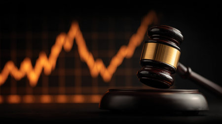 A dramatic image featuring a gavel placed prominently with a stock market graph in the background, representing the intersection of legal decisions and financial trends.の素材