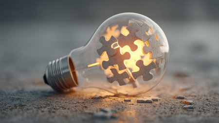 This artistic image showcases a light bulb filled with glowing puzzle pieces, symbolizing creativity and innovative thinking against a textured background.の素材