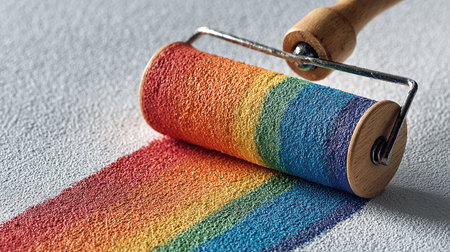 A close-up image of a paint roller applying a vibrant rainbow stripe across a textured surface. Ideal for themes of creativity, DIY projects, and artistic expression.の素材