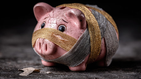 A charming vintage piggy bank wrapped in tape adds a nostalgic touch, evoking memories of savings and childhood. Perfect for financial themes.の素材