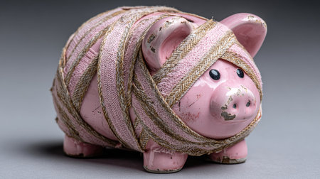 This image features a vintage pink piggy bank wrapped in twine, symbolizing savings and financial awareness. Its rustic charm makes it perfect for budgeting themes.の素材
