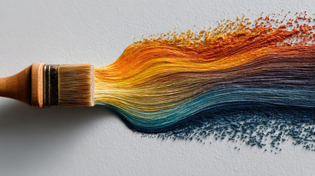 A close-up image of a paintbrush transferring vibrant colors onto a white surface, showcasing a beautiful flow and texture, perfect for artistic inspiration.の素材