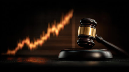 A striking image portraying a gavel symbolizing justice with a financial growth chart in the background, highlighting the connection between law and economy.の素材