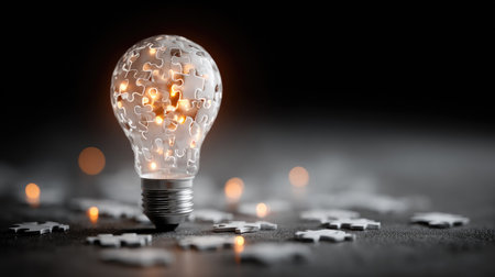 This image features a creatively designed light bulb composed of puzzle pieces, symbolizing innovation and problem-solving ideas. The illuminated bulb shines brightly, reflecting creativity and the journey of assembling thoughts into solutions amidst scattered puzzle pieces.の素材