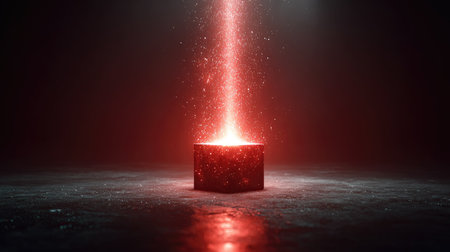 A mesmerizing scene featuring a glowing red light emanating from an open box, surrounded by dark atmospheric elements and floating particles, evoking mystery and enchantment.の素材