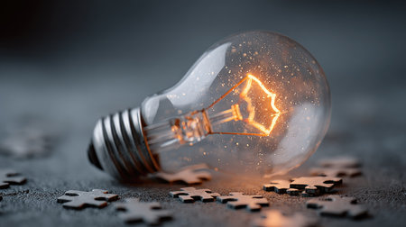 A glowing light bulb rests on a dark surface surrounded by scattered jigsaw pieces, symbolizing creativity and innovative ideas in a minimalist setting.の素材