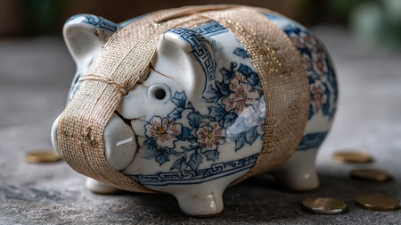 A charming porcelain piggy bank adorned with a floral design, secured with a bandage, resting on a rustic table surrounded by scattered coins, symbolizing saving.の素材