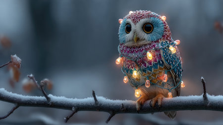 Delight in the charm of a colorful owl adorned with twinkling lights, perched on a snowy branch against a serene winter backdrop. A whimsical scene!の素材