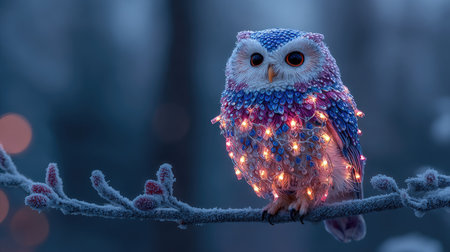 A captivating owl adorned with colorful lights perched on a frosty branch amid a serene winter backdrop. The enchanting scene glows softly.の素材