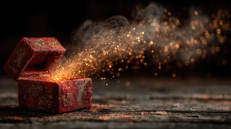 A captivating image of a magical red gift box opening to release sparkling dust and light, set against a rustic wooden surface, evoking wonder and joy.の素材