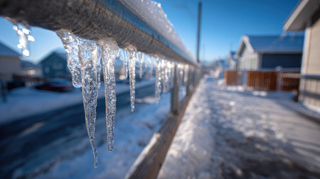 Beautiful icicles dangle from a metal railing in a winter setting, capturing light and creating a serene atmosphere against a snowy backdrop.の素材