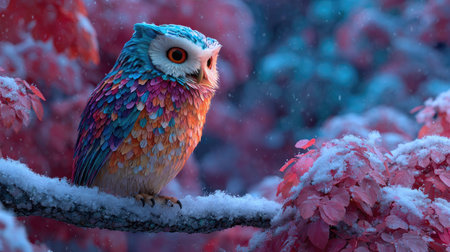 This enchanting image captures a colorful owl perched on a snowy branch amidst vibrant pink leaves. The scene evokes a magical winter atmosphere, highlighting the owl's stunning feathers and the serene beauty of nature.の素材
