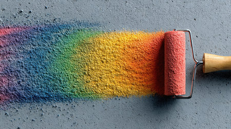 A vibrant paint roller disperses a rainbow spectrum of color on a textured grey surface, showcasing the beauty of artistic expression and creativity.の素材