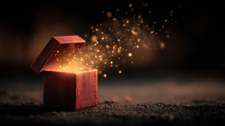 An enchanting red gift box opens to reveal a burst of magical sparks and warm light, creating a captivating atmosphere perfect for celebration themes.の素材