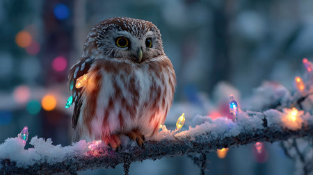 A charming little owl perches on a snowy branch, surrounded by colorful Christmas lights that create a magical winter ambiance.の素材
