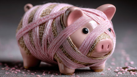 This charming image features a piggy bank playfully wrapped in pink yarn, creating a lighthearted and whimsical atmosphere ideal for finance concepts and childhood themes.の素材