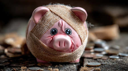 A poignant image of a broken piggy bank wrapped in bandages, set among scattered coins on a rustic wooden surface, representing financial struggles and recovery.の素材