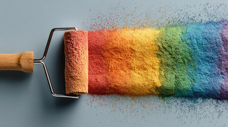 A vibrant paint roller coated with colorful powder creates a stunning rainbow effect on a smooth backdrop, symbolizing creativity and artistic possibilities.の素材